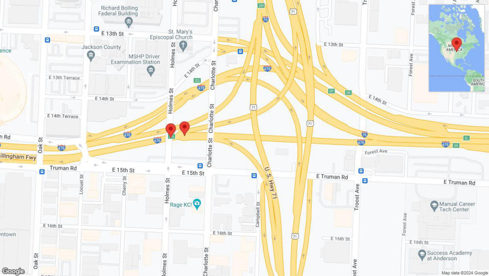 A detailed map that shows the affected road due to 'Broken down vehicle on eastbound I-670 in Kansas City' on July 25th at 5:20 p.m.