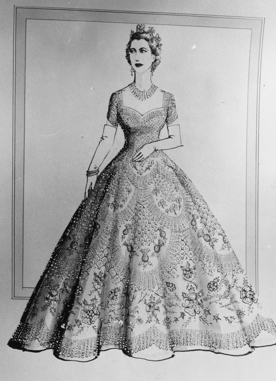 June 1953:  Norman Hartnell design of Queen Elizabeth's dress for the Coronation ceremony. Original Publication: Picture Post - 6540 - Under The Red Robe - pub. 1953  (Photo by Haywood Magee/Picture Post/Getty Images)