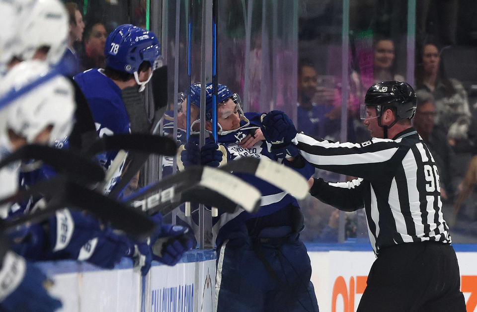 Leafs winger Michael Bunting was on the wrong end of some ref-on-player violence on Tuesday night. (Getty)