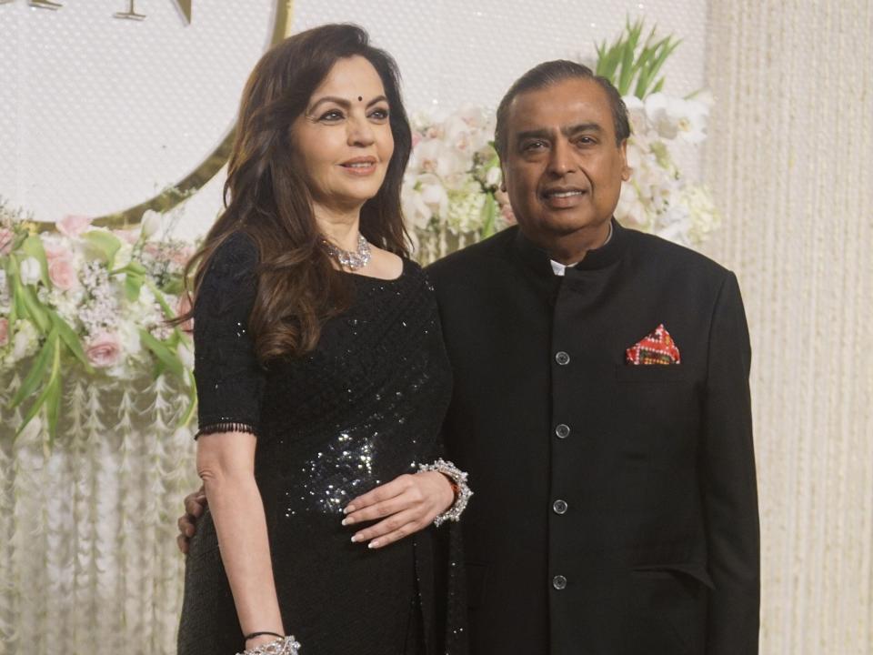 Nita Ambani and Mukesh Ambani attend the Nupur Shikhare and Ira Khan wedding reception on January 13, 2024 in Mumbai, India.