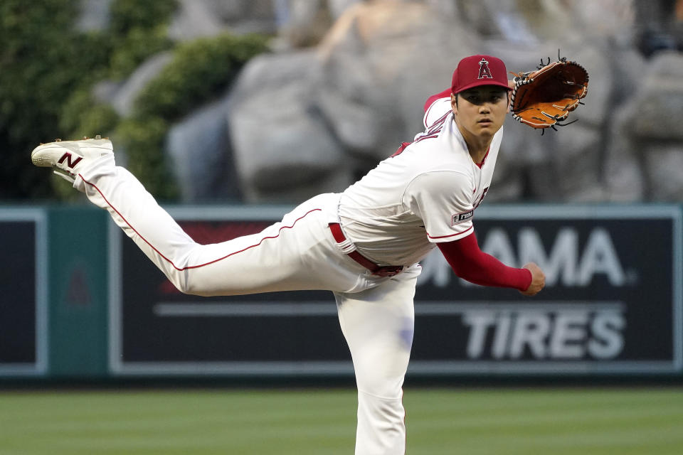 Los Angeles Angels starting pitcher Shohei Ohtani throws to the plate during the fourth inning of a baseball game against the Chicago White Sox Tuesday, June 27, 2023, in Anaheim, Calif. (AP Photo/Mark J. Terrill)