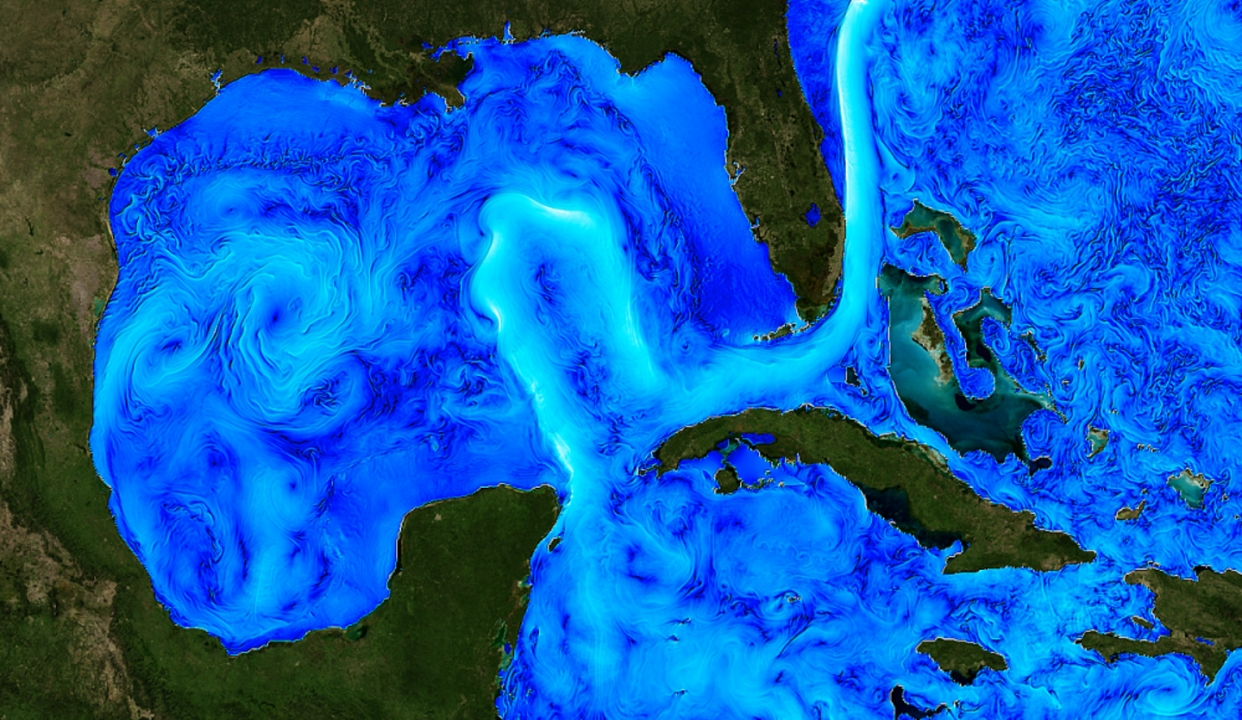 <span class="caption">An image from satellite data shows the strong Loop Current and swirling eddies.</span> <span class="attribution"><span class="source">Christopher Henze, NASA/Ames</span></span>