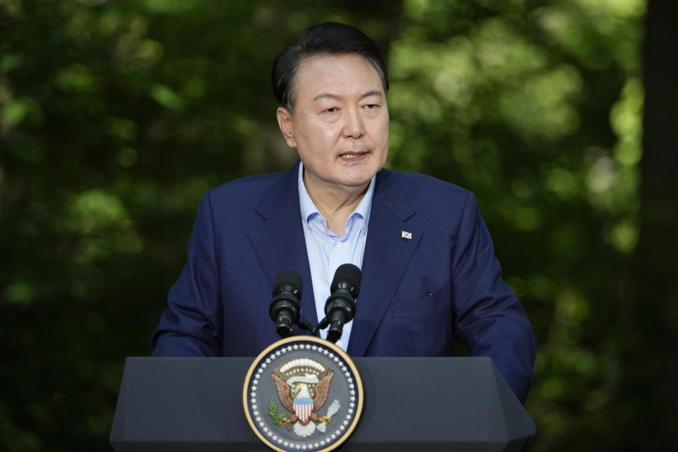 FILE - South Korea's President Yoon Suk Yeol speaks during a joint news conference with President Joe Biden and Japan's Prime Minister Fumio Kishida on Friday, Aug. 18, 2023, at Camp David, the presidential retreat, near Thurmont, Md. (AP Photo/Andrew Harnik, File)