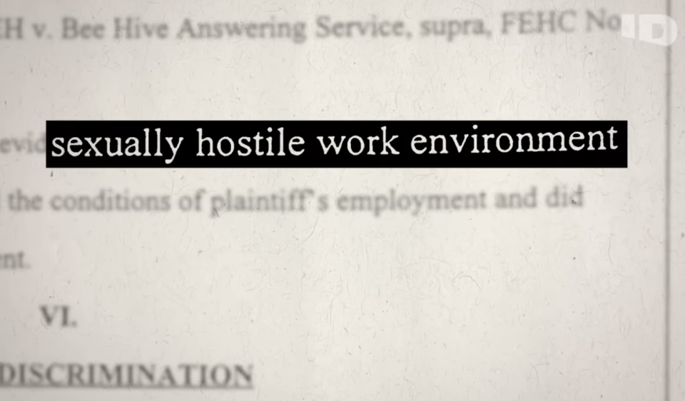 Document close-up highlighting phrase "sexually hostile work environment" in a legal context