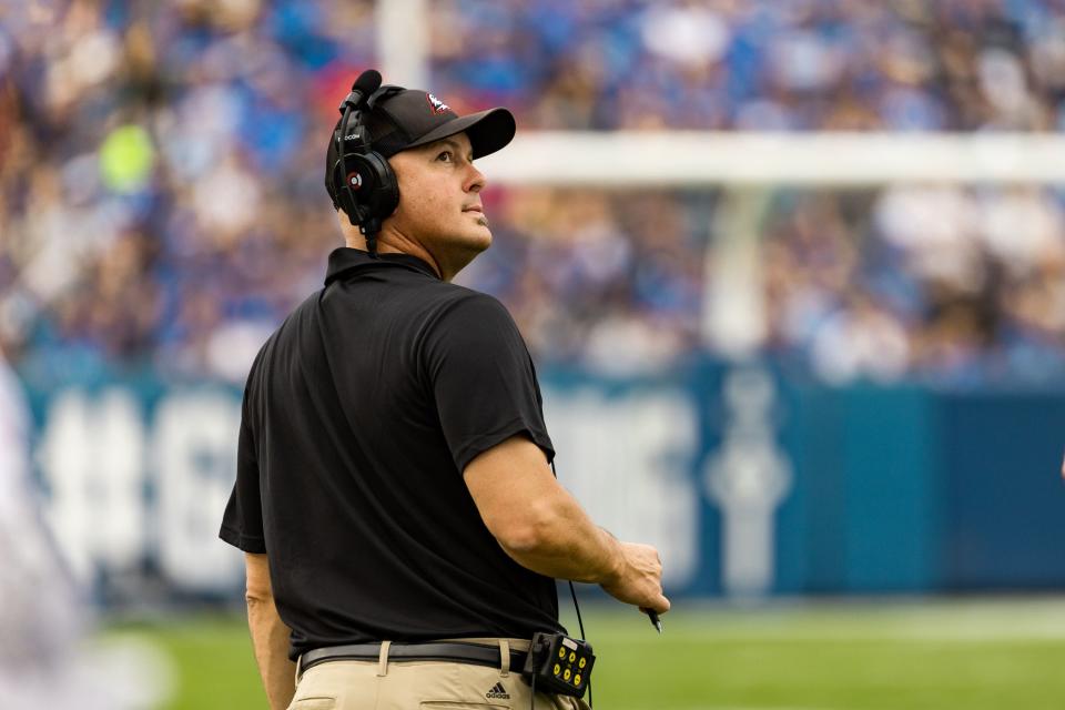 Southern Utah Thunderbirds head coach DeLane Fitzgerald on the sidelines during their football game against Brigham Young University at LaVell Edwards Stadium in Provo on Saturday, Sept. 9, 2023. | Megan Nielsen, Deseret News