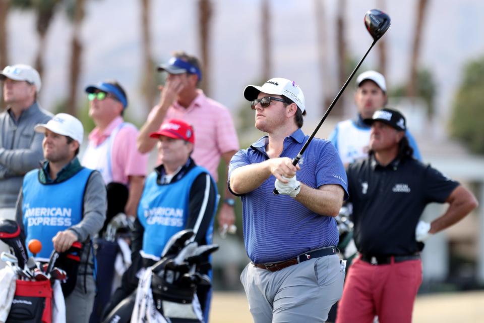 Harry Higgs tees off on the 14th hole of the Pete Dye Stadium Course at PGA West during round three of The American Express in La Quinta, Calif., on Saturday, Jan. 22, 2022. 