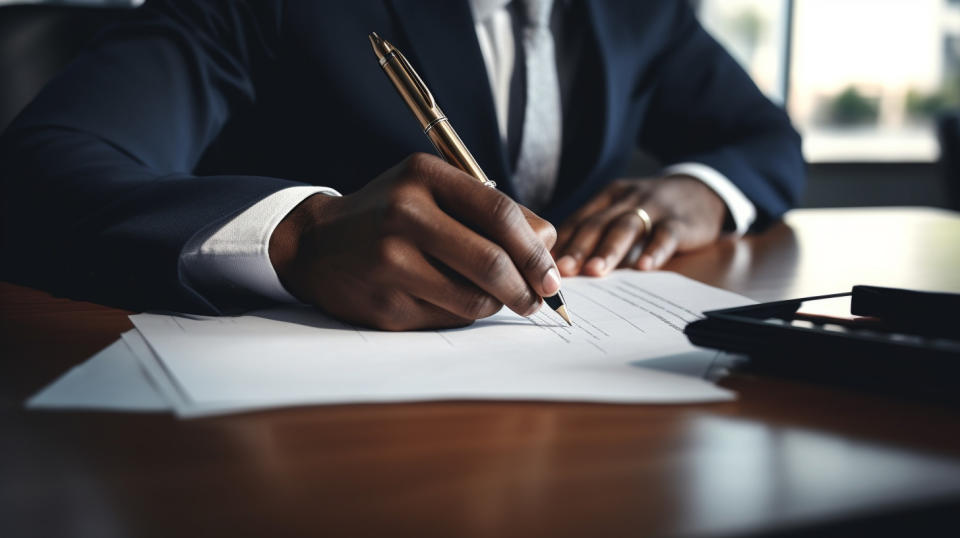 A close up portrait of a confident customer signing a document with a stylus.