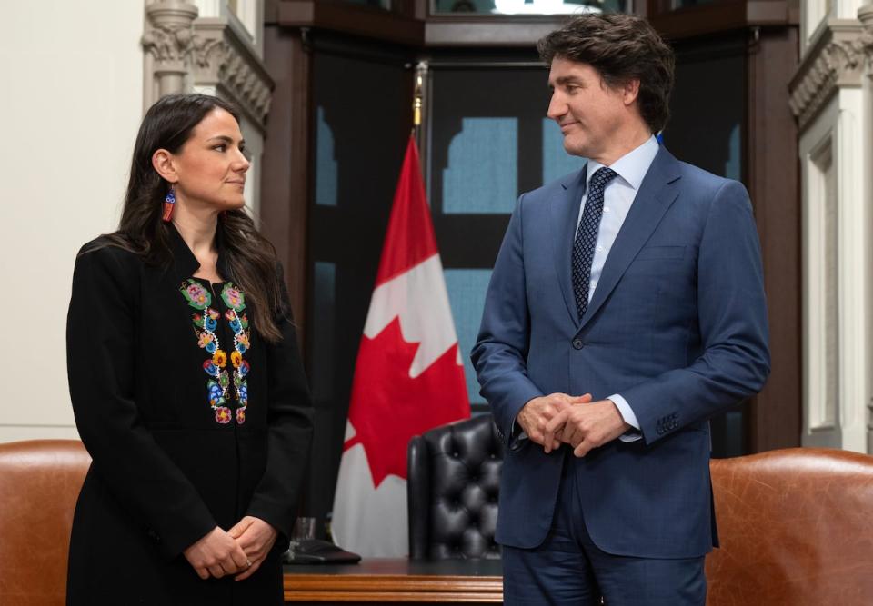 Prime Minister Justin Trudeau meets with Metis National Council President Cassidy Caron in his office on Parliament Hill on April 11, 2024 in Ottawa.