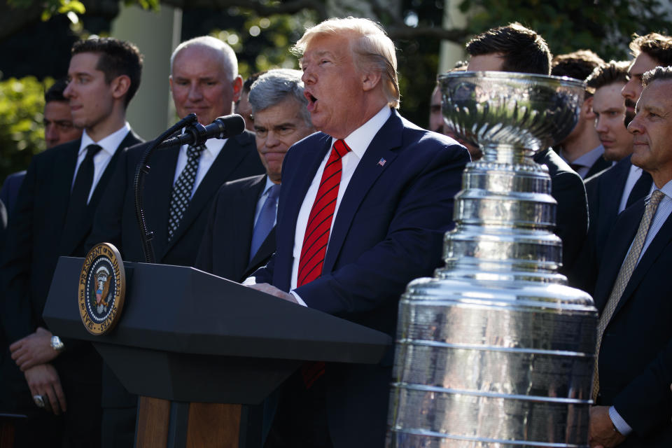 President Donald Trump speaks during an event to honor the 2019 Stanley Cup Champions, the St. Louis Blues hockey team in the Rose Garden of the White House, Tuesday, Oct. 15, 2019, in Washington. (AP Photo/Evan Vucci)