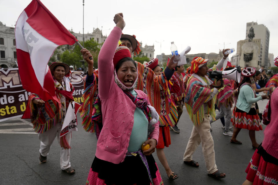 FILE - Quechua Indigenous march in San Martin plaza, in Lima, Peru, Saturday, Jan. 28, 2023. Many of the protesters in Lima have arrived from remote Andean regions, where dozens have died amid unrest since Pedro Castillo, Peru’s first leader from a rural Andean background, was impeached and imprisoned after he tried to dissolve Congress in December 2022. (AP Photo/Martin Mejia, File)