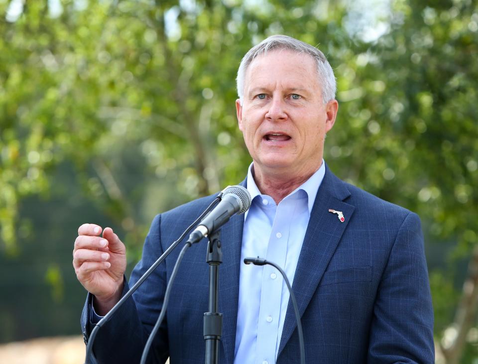 Rep. Chuck Clemons, of the Florida House of Representatives District 21, delivers comments during the Ground Breaking Ceremony for the new UF/IFAS Extension Office at the new Alachua County Agricultural Fairgrounds and Extension Office, at the site of the old Canterbury Equestrian Showplace in Newberry, Fla., Oct. 15, 2020. The facility will take about a year to finish, but will be a new long term home for the extension office and the fairgrounds.  [Brad McClenny/The Gainesville Sun]