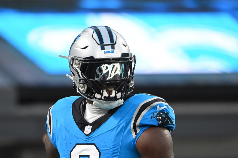 Aug 25, 2023; Charlotte, North Carolina, USA; Carolina Panthers linebacker Brian Burns (0) warms up before the game at Bank of America Stadium. Mandatory Credit: Bob Donnan-USA TODAY Sports