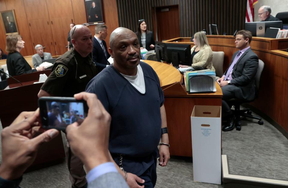 Arthur Williamson is escorted out of the courtroom of Judge James Biernat at the Macomb County Circuit Court in Mount Clemens on Thursday, June 1, 2023, after being sentenced to life in prison without the possibility of parole. Williamson had to listen to victim impact statements before hearing his sentence for the killing of WWJ overnight anchor Jim Matthews and crimes against Matthews' girlfriend and the couple's two children in September 2022.