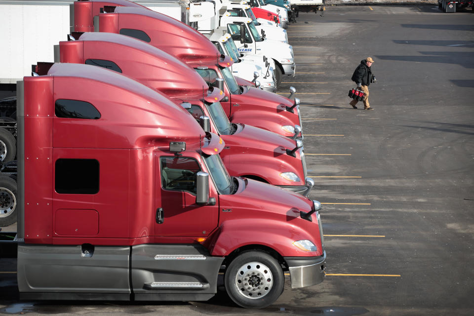 Trucks sit outside at a truck sales and service facility in Chicago, Ill., on Jan. 25, 2018. (<span>Scott Olson/Getty)</span>