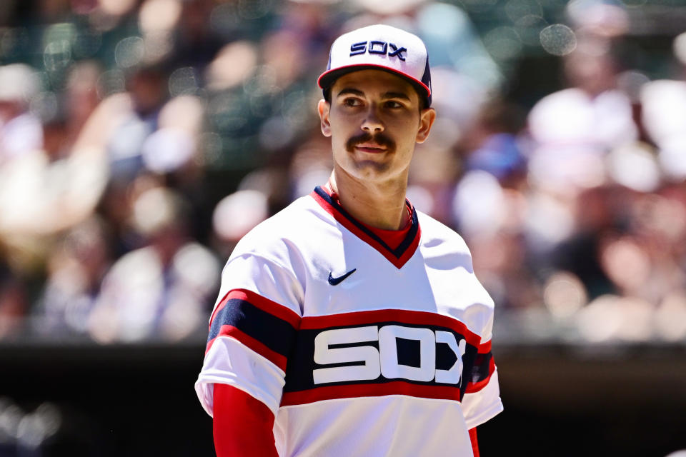 Starting pitcher Dylan Cease #84 of the Chicago White Sox looks on after striking out the side in the first inning of an MLB game against the Baltimore Orioles