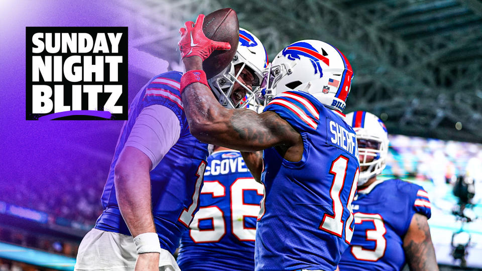 MIAMI GARDENS, FLORIDA - JANUARY 07: Trent Sherfield #16 of the Buffalo Bills celebrates with Josh Allen #17 after a touchdown during the second quarter against the Miami Dolphins at Hard Rock Stadium on January 07, 2024 in Miami Gardens, Florida. (Photo by Rich Storry/Getty Images)