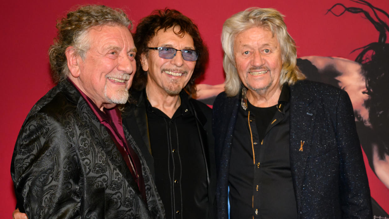  Tony Iommi, Robert Plant and Bev Bevan smile backstage at the Black Sabbath ballet. 
