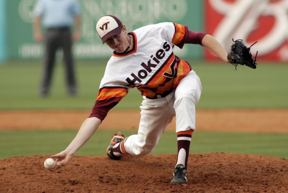 Virginia Tech's Ben Rowen pitches.