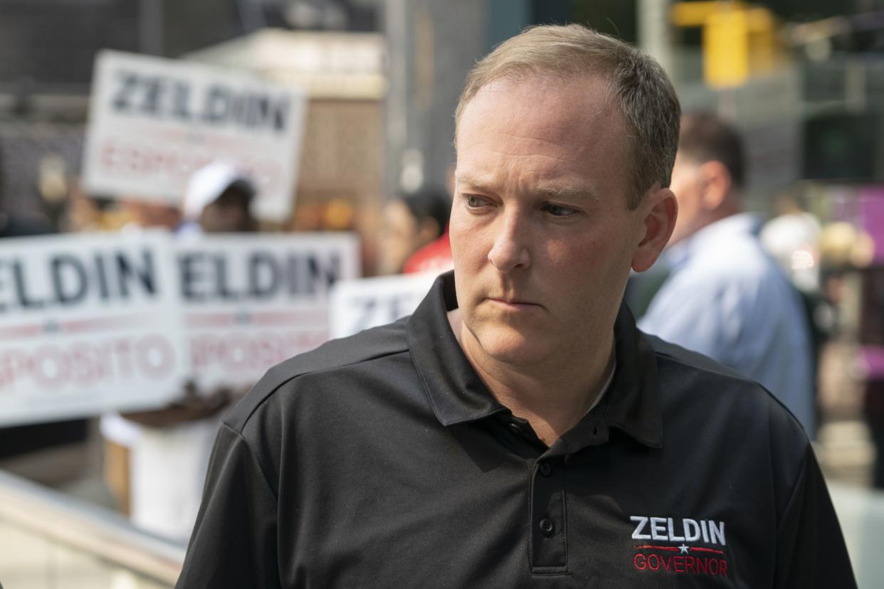 New York Republican candidate for governor Rep. Lee Zeldin (R-N.Y.) during a press conference at Lexington Ave. and 59th St. in Manhattan, New York on Friday, Sept. 16, 2022.