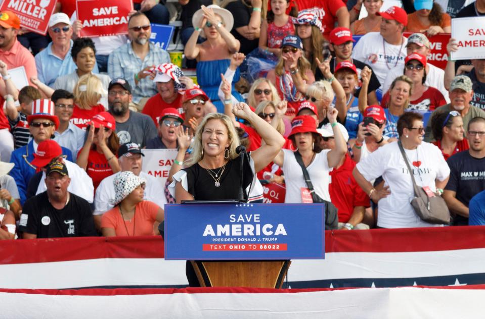 Rep. Marjorie Taylor Greene, R-Ga., speaks during a campaign-style rally for Donald Trump in Wellington, Ohio, on June 26.