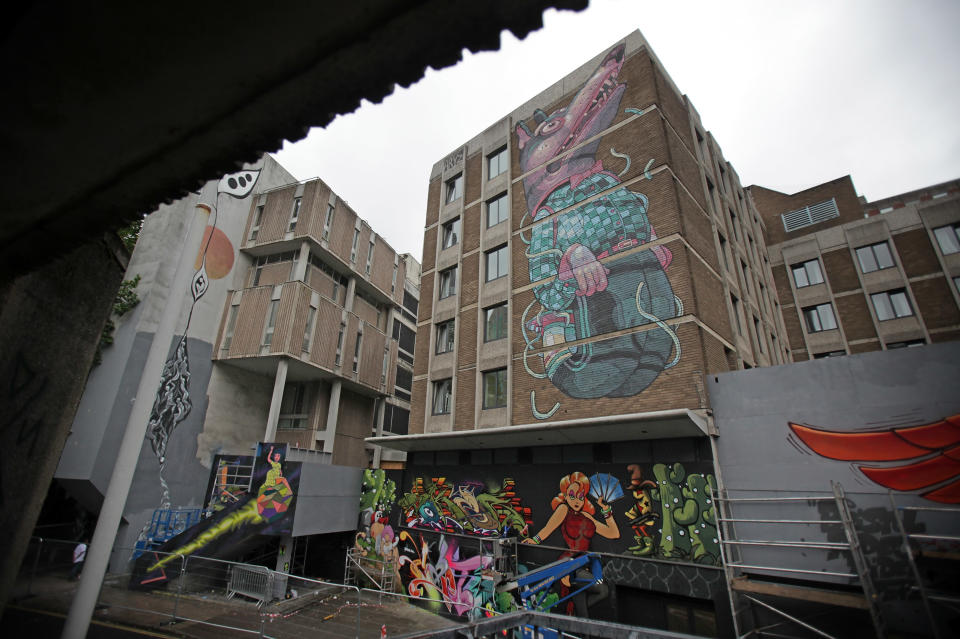 BRISTOL, ENGLAND - AUGUST 17: Parts of the 'See No Evil' street art project is displayed at Nelson Street on August 17, 2012 in Bristol, England. The project, now in its second year, is Europe's biggest street art festival and has attracted top graffiti artists from all over the world. Organizers hope it will continue to be a draw for tourists visiting Bristol, often seen the spiritual home of underground artist Banksy. (Photo by Matt Cardy/Getty Images)