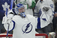 Tampa Bay Lightning goaltender Andrei Vasilevskiy celebrates after defeating the Toronto Maple Leafs in Game 7 of an NHL hockey first-round playoff series in Toronto, Saturday, May 14, 2022. (Frank Gunn/The Canadian Press via AP)