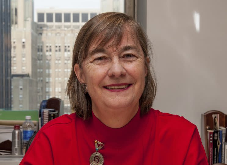 In a Sept. 17, 2012, photo provided by Major League Baseball, Katy Feeney poses for a portrait in her office at MLB headquarters in New York. Feeney, a baseball executive for four decades and a daughter of former National League President Chub Feeney, has dies. She was 68. Feeney died Saturday, April 1, 2017, while visiting relatives in Maine. She had retired from baseball in December after working her final postseason. (Jessica Foster/MLB Photos via AP)