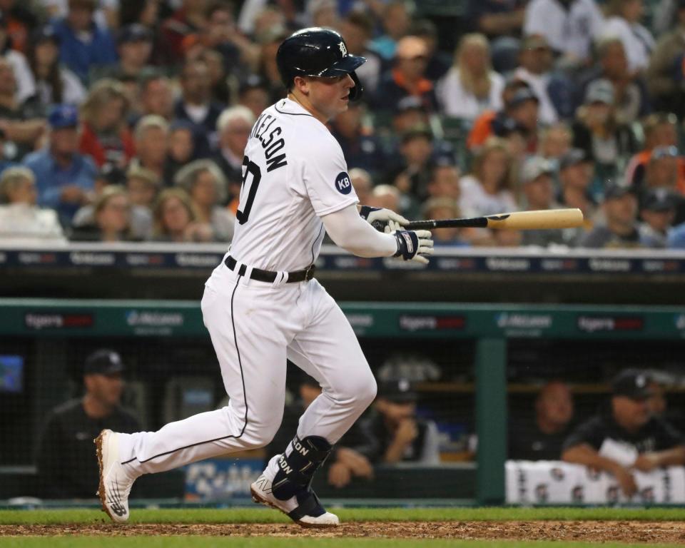 Detroit Tigers first baseman Spencer Torkelson (20) grounds out against the Toronto Blue Jays during fifth-inning action at Comerica Park in Detroit on Friday, June 10, 2022.