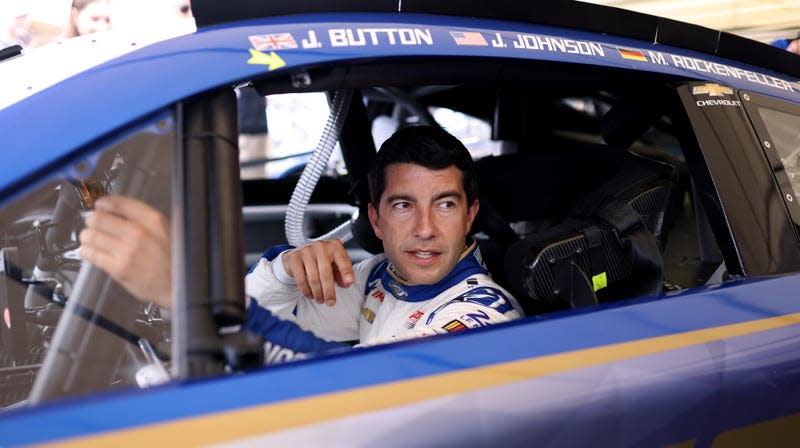 Mike Rockenfeller with the NASCAR Garage 56 car as he prepares to take part in the 1.16 mile hill climb during Goodwood Festival of Speed at Goodwood on July 13, 2023 in Chichester, England.