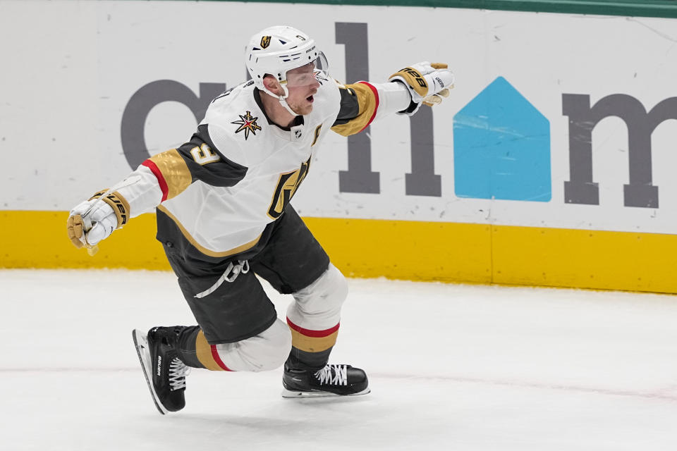 Vegas Golden Knights center Jack Eichel reacts after scoring the game-winning goal against the Dallas Stars during overtime of an NHL hockey game, Wednesday, Nov. 22, 2023, in Dallas. The Golden Knights won 2-1. (AP Photo/Tony Gutierrez)