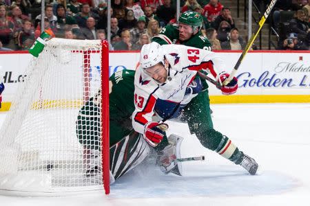 Nov 13, 2018; Saint Paul, MN, USA; Washington Capitals forward Tom Wilson (43)scores in the first period against Minnesota Wild goalie Devan Dubnyk (40) at Xcel Energy Center. Brad Rempel-USA TODAY Sports