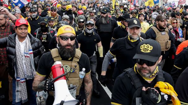 PHOTO: Proud Boys member Jeremy Joseph Bertino, second from left, joins other supporters of President Donald Trump, some wearing attire associated with the Proud Boys, attend a rally at Freedom Plaza, Dec. 12, 2020, in Washington, D.C. (Luis M. Alvarez/AP, FILE)