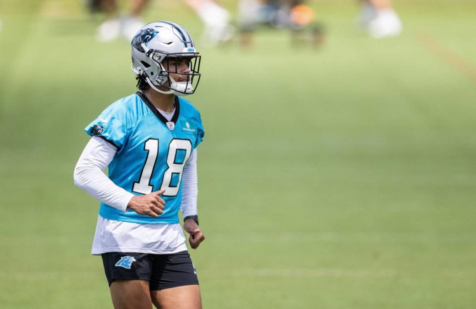 Carolina Panthers Jalen Coker runs at practice in Charlotte, N.C., on Monday, May 20, 2024.