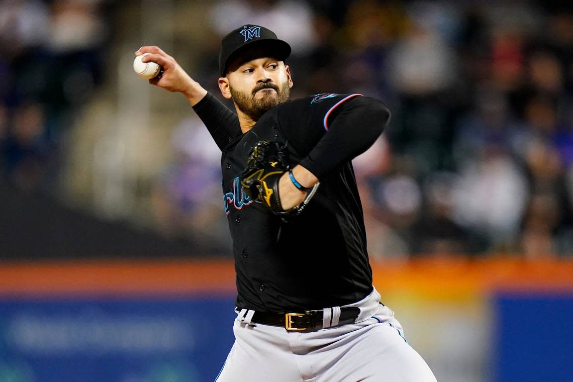 Miami Marlins’ Pablo Lopez pitches during the first inning of a baseball game against the New York Mets Tuesday, Sept. 27, 2022, in New York. (AP Photo/Frank Franklin II) Frank Franklin II/AP