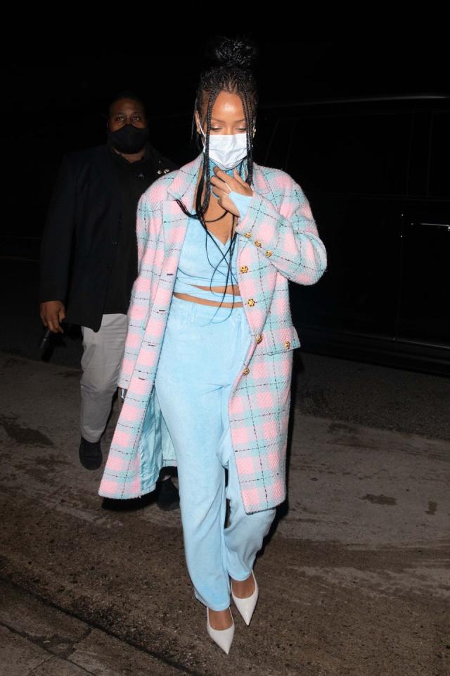 Rihanna Wore a Midriff-Bearing Pastel Pink and Blue Ensemble Out