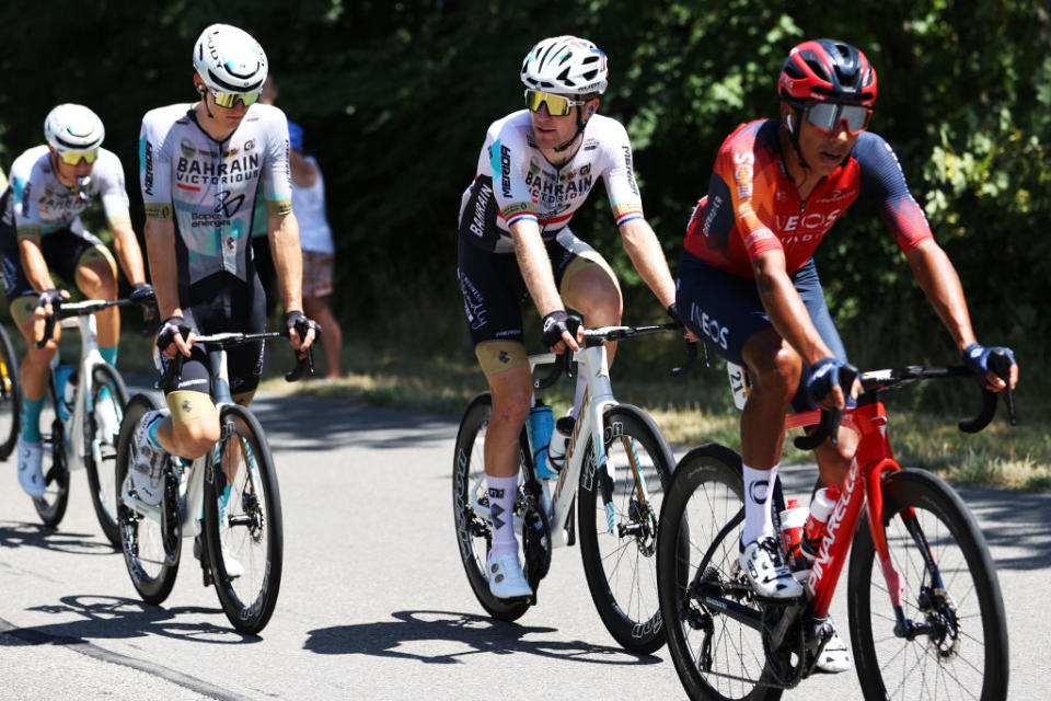 BOURGENBRESSE FRANCE  JULY 20 LR Matej Mohoric of Slovenia and Fred Wright of United Kingdom and Team Bahrain Victorious competes during the stage eighteen of the 110th Tour de France 2023 a 1849km stage from Motiers to BourgenBresse  UCIWT  on July 20 2023 in BourgenBresse France Photo by Michael SteeleGetty Images