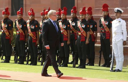 Swedish Defence Minister Peter Hultqvist (C) inspects an honour guard during his ceremonial reception in New Delhi, India, June 10, 2015. REUTERS/Adnan Abidi