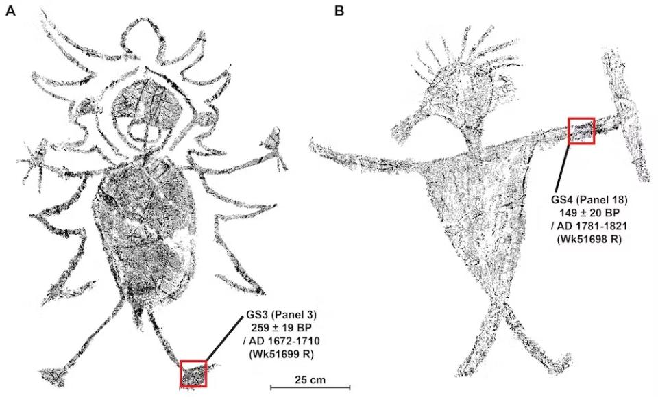 專家利用放射性碳定年法對這兩幅岩畫進行解讀 。（圖cc BY-ND）