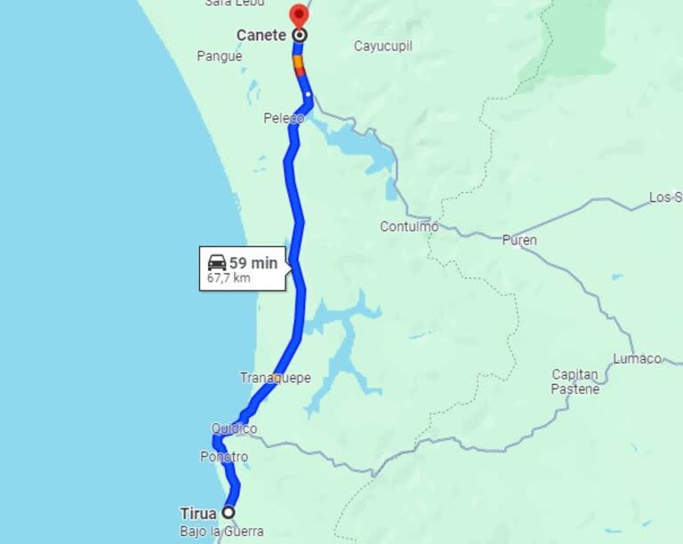 La ruta que une Cañete con Tirúa que habría recorrido la camioneta de los carabineros asesinados en Chile