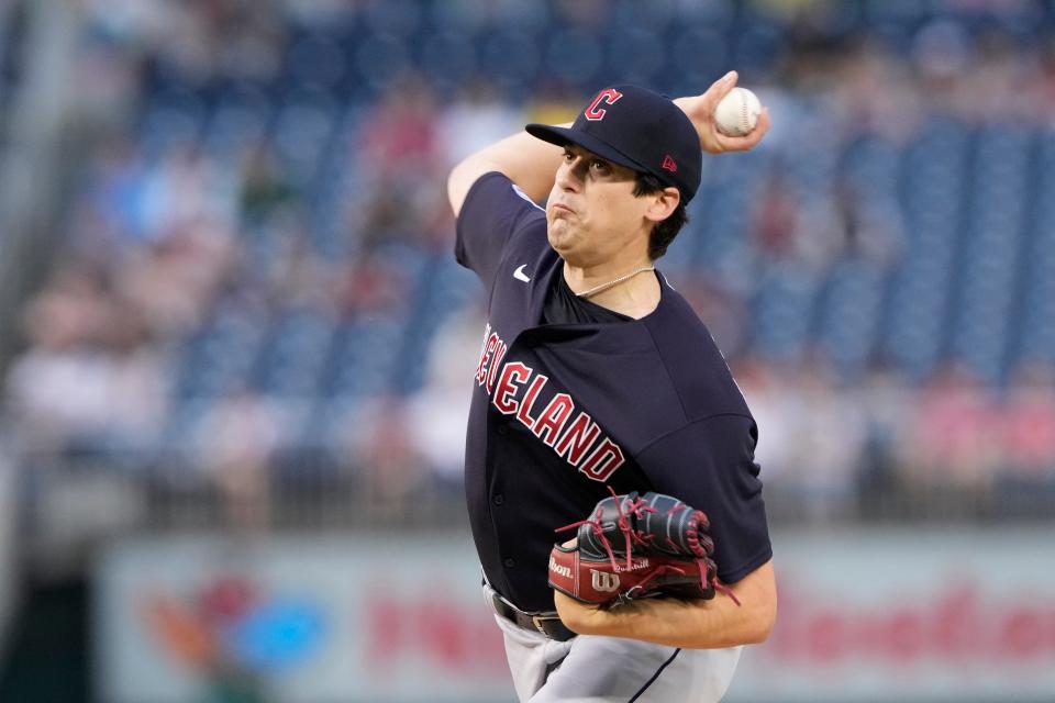 Cleveland Guardians starting pitcher Cal Quantrill throws during the first inning of a baseball game against the Washington Nationals in Washington, Friday, April 14, 2023. (AP Photo/Manuel Balce Ceneta)