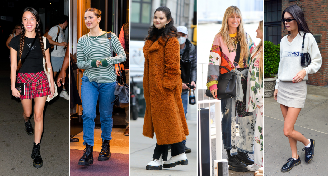 dr. martens, collage of olivia rodrigo, addison rae, selena gomez, heidi klum and kendall jenner wearing dr. martens boots and shoes