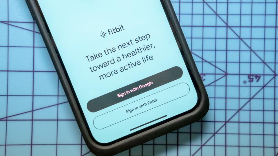 A screen in the Fitbit app asking if users want to sign in via Google or Fitbit account.