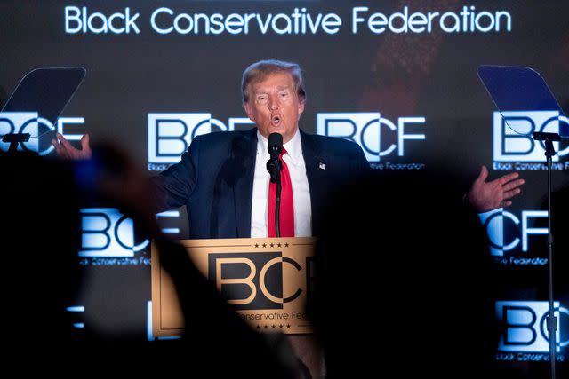 <p>Sean Rayford/Getty</p> ormer U.S. President Donald Trump speaks during the Black Conservative Federation Gala on February 23