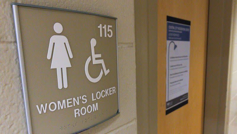Signage on the locker rooms at Central City Recreation Center in Salt Lake City on Monday, Dec. 4, 2023.