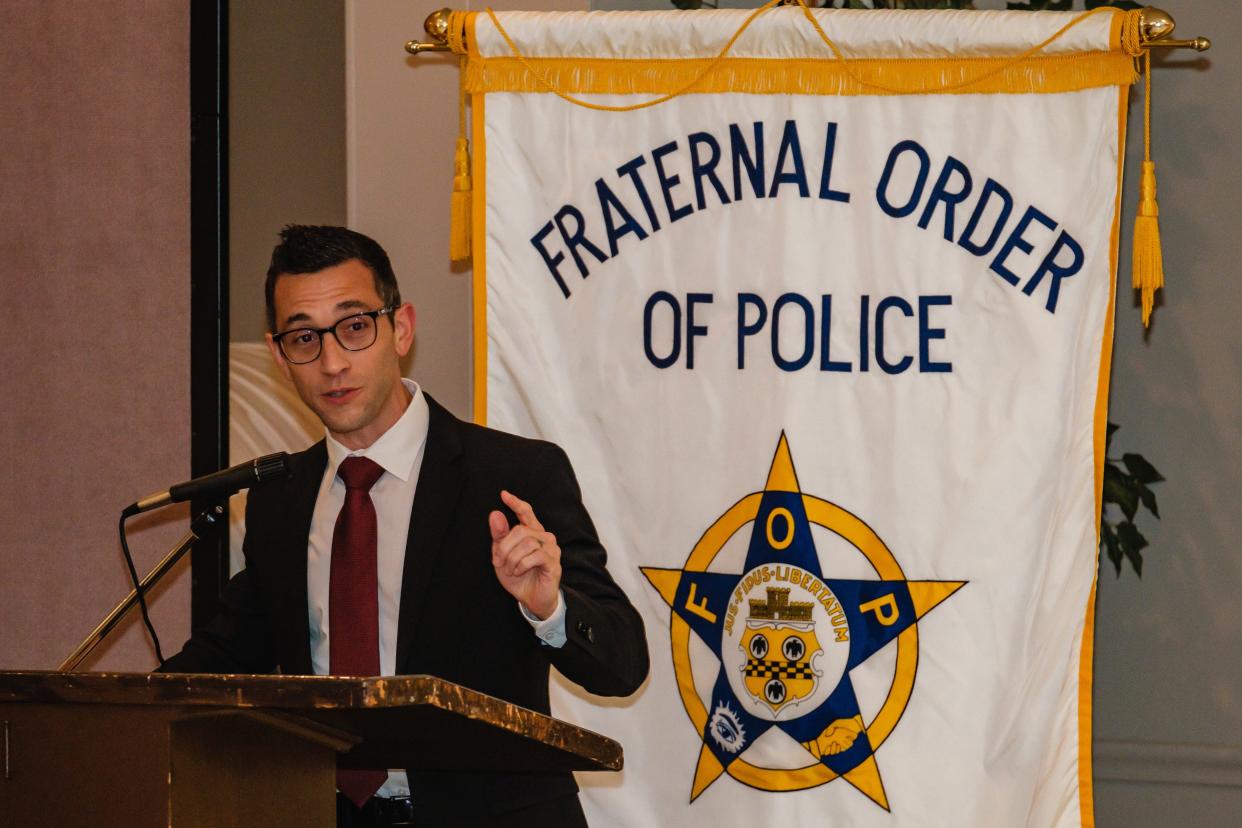 National Fraternal Order of Police Vice President Joe Gamaldi delivers remarks during the FOP Tuscora Lodge event honoring 50-year members on Wednesday.