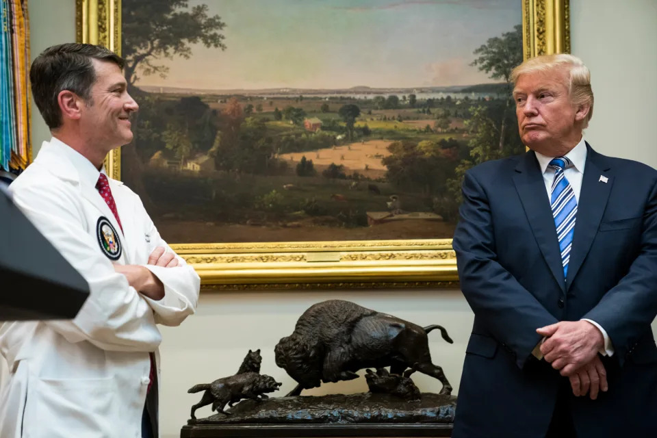 WASHINGTON, DC - AUGUST 3: President Donald Trump looks to White House physician Ronny Jackson during a Veterans Affairs Department "telehealth" event in the Roosevelt Room of the White House in Washington, DC on Thursday, Aug 03, 2017. (Photo by Jabin Botsford/The Washington Post via Getty Images)