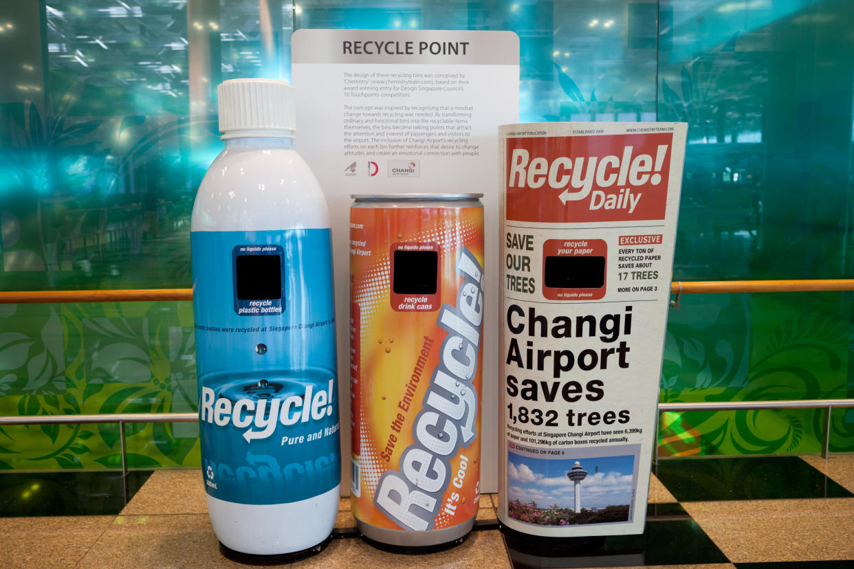 Singapore recycling bins at Changi Airport in Singapore. (Getty Images)