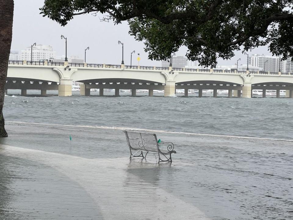 The Intracoastal Waterway flooding over the sea wall in the Town of Palm Beach as Tropical Storm Nicole approaches November 9, 2022.