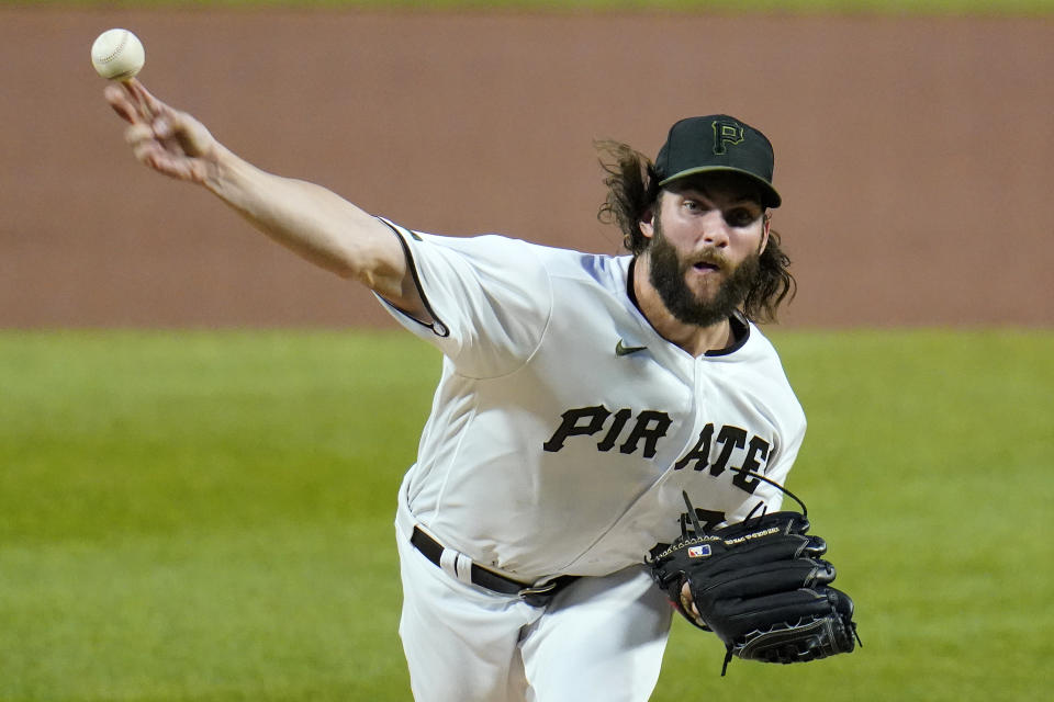 Pittsburgh Pirates starting pitcher Trevor Williams delivers during the first inning of the team's baseball game against the Chicago Cubs in Pittsburgh, Wednesday, Sept. 23, 2020. (AP Photo/Gene J. Puskar)