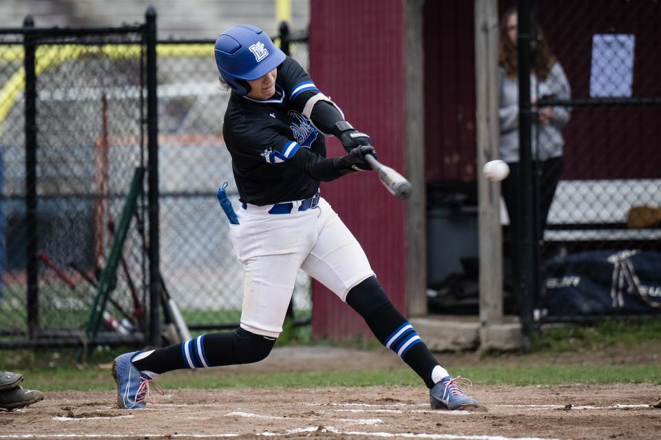 Leominster's Reece Lora singles in the first inning.